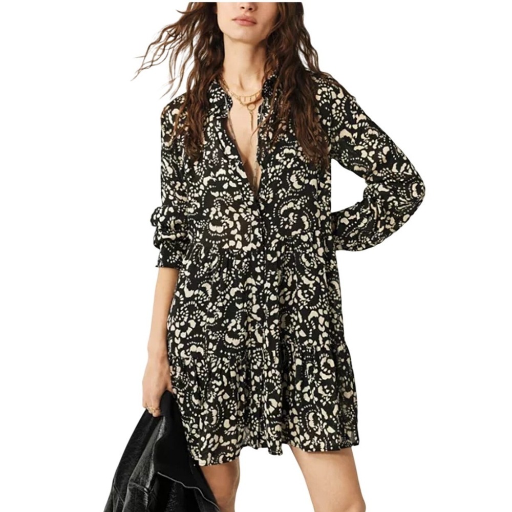 Ba&sh Robe Eflava Black/Cream Print Long Sleeve Button Dress Womens Small